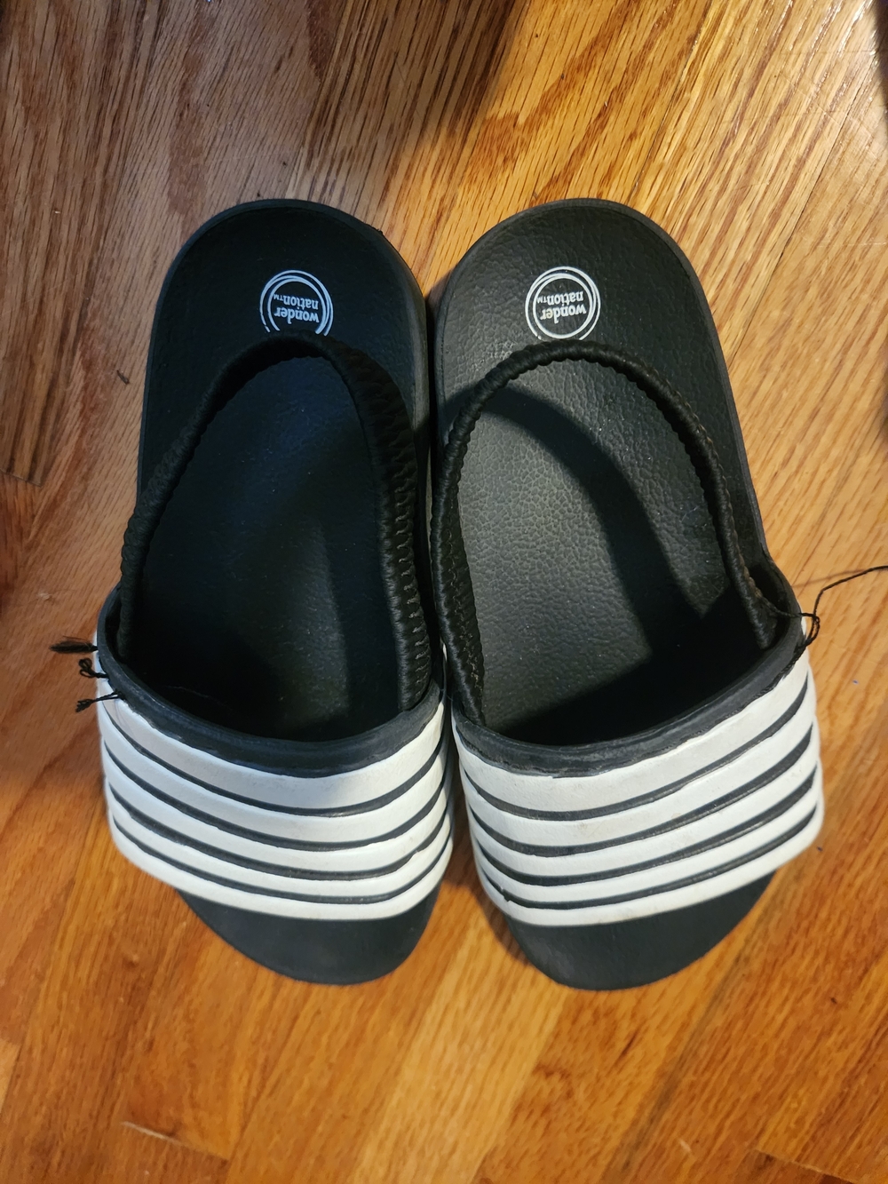 Black Slide Sandals with White Striped Strap
